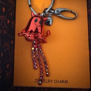 Betsey Johnson Red Devil Ghost Keychain Charm — Halloween Rhinestone Tassel, NWT